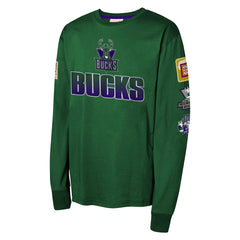 Milwaukee Bucks Youth Hardwood Classics All Over Long Sleeve T-Shirt Hunter Green | Mitchell & Ness