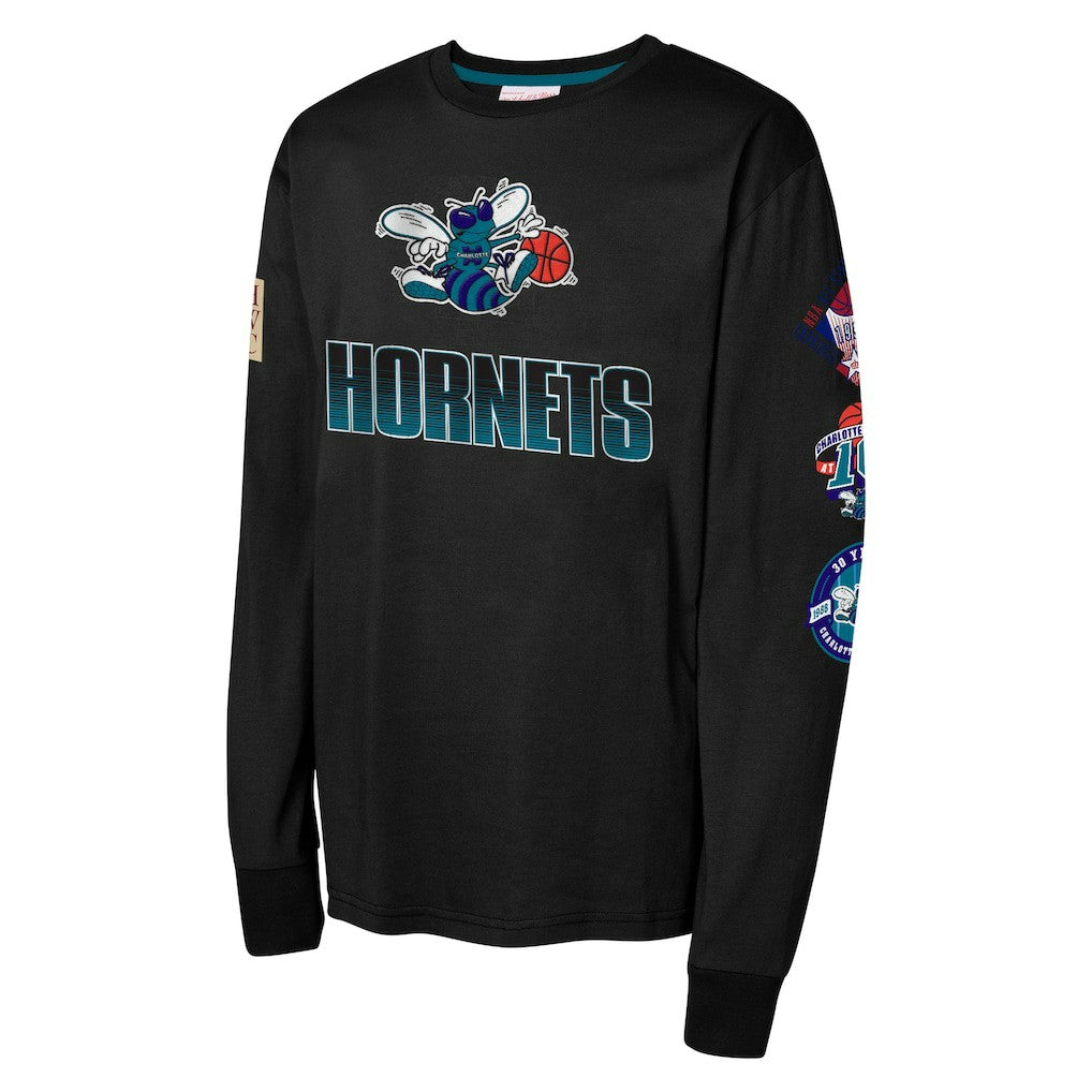 Charlotte Hornets Youth Hardwood Classic All Over Long Sleeve T-Shirt Black | Mitchell & Ness for sale