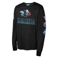 Charlotte Hornets Youth Hardwood Classic All Over Long Sleeve T-Shirt Black | Mitchell & Ness for sale
