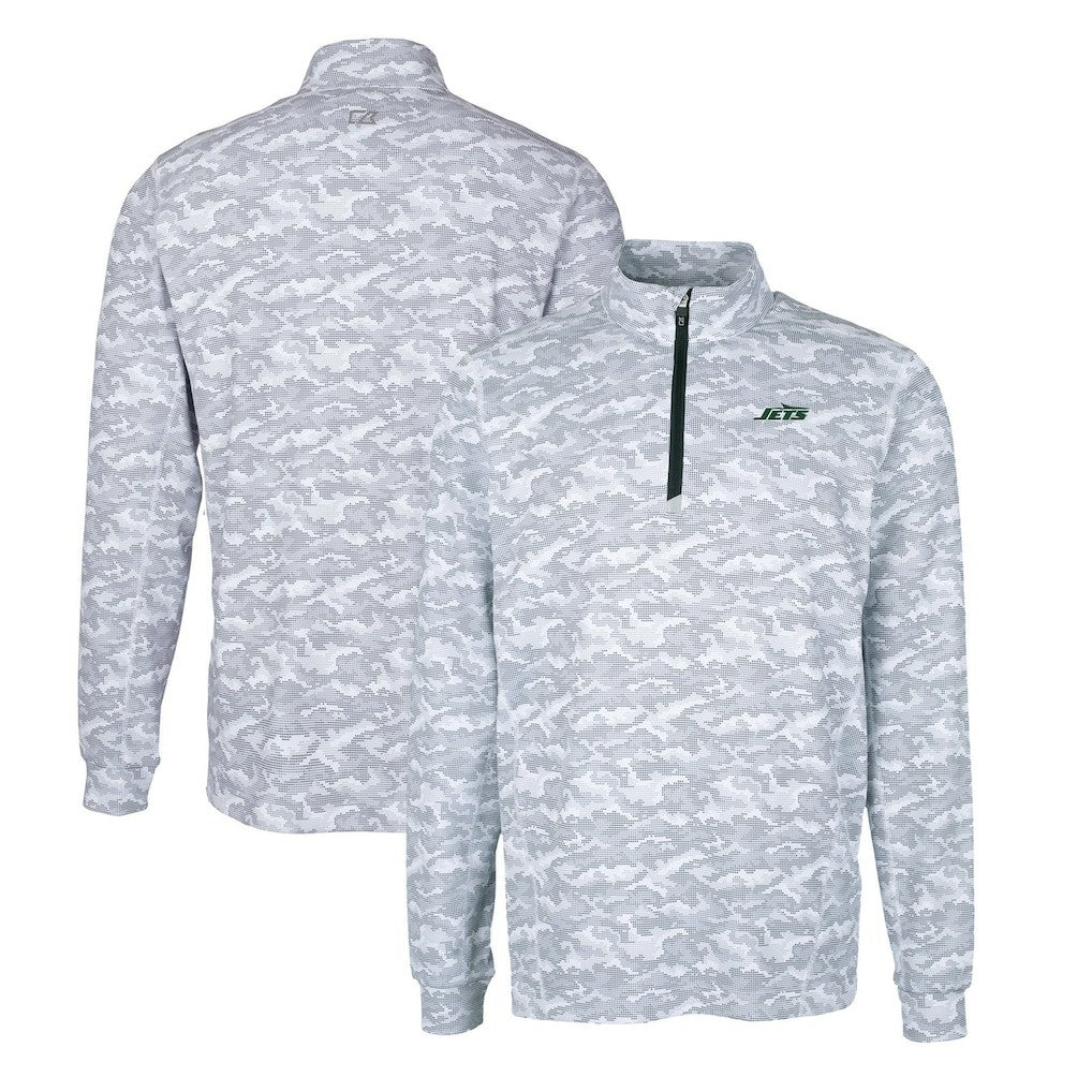 New York Jets Cutter & Buck Primary Logo Traverse Stretch Camo Print Eco Quarter-Zip Top Gray