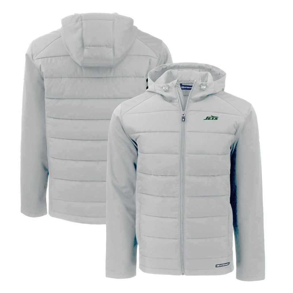 New York Jets Cutter & Buck Primary Logo Evoke Hybrid Eco Softshell Recycled Full-Zip Hooded Jacket Gray