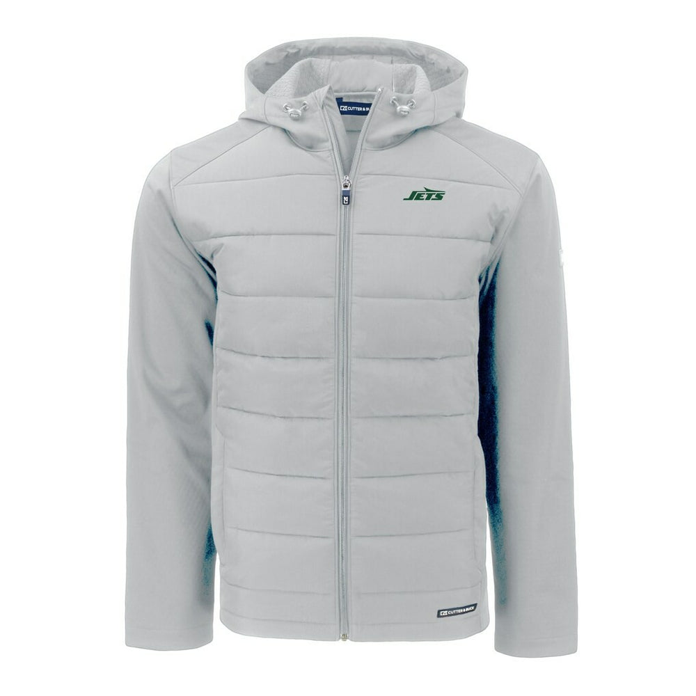 New York Jets Cutter & Buck Primary Logo Evoke Hybrid Eco Softshell Recycled Full-Zip Hooded Jacket Gray