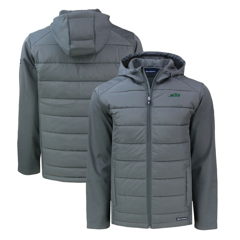 New York Jets Cutter & Buck Big & Tall Primary Logo Evoke Hybrid Eco Softshell Recycled Full-Zip Hoodie Jacket Gray