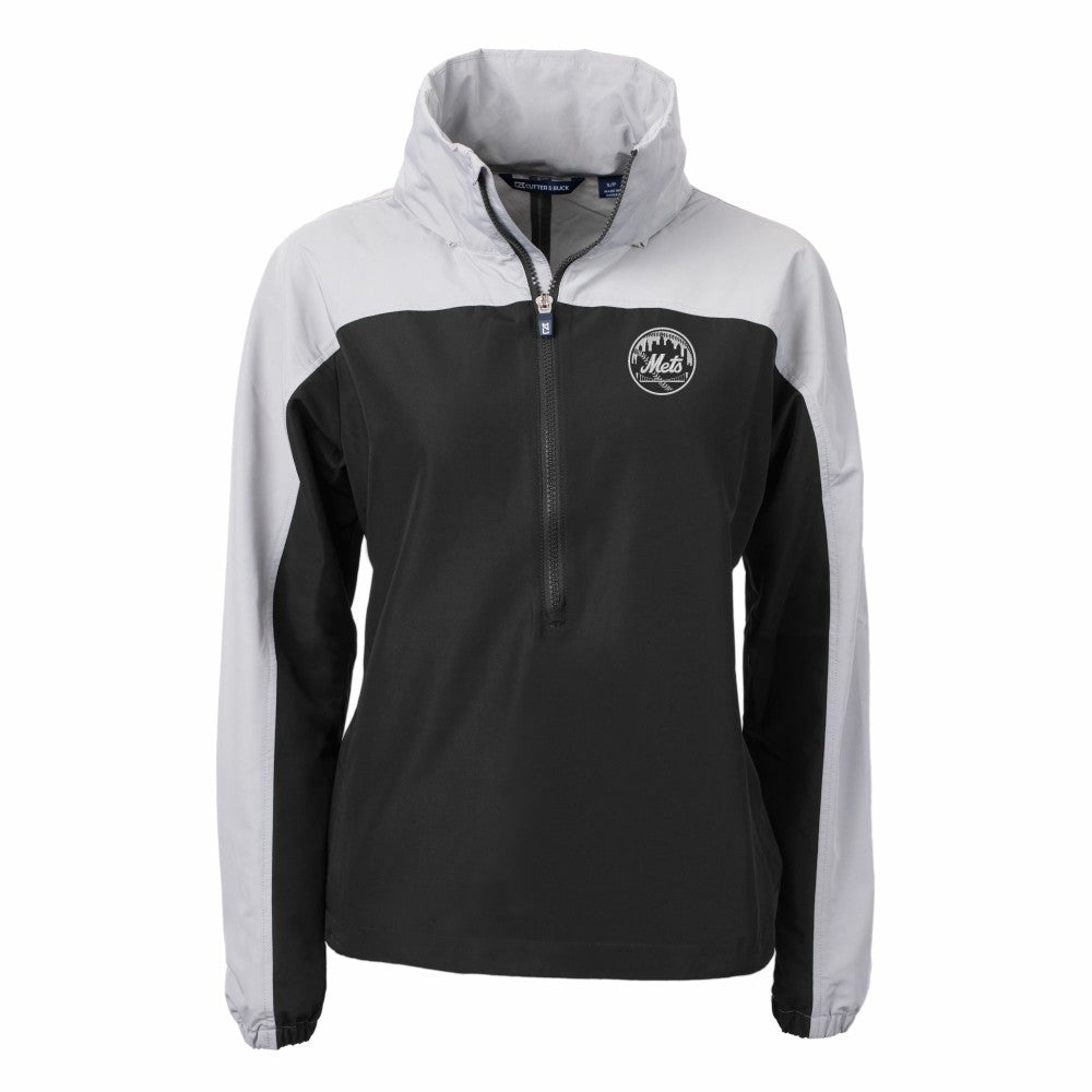 New York Mets Cutter & Buck Women's Charter Eco Recycled Half-Zip Anorak Jacket - Black/Gray - MLB Sale