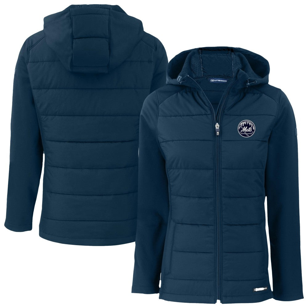 New York Mets Cutter & Buck Women's Evoke Hybrid Eco Softshell Recycled Full-Zip Hooded Jacket - Navy - MLB Lifestyle