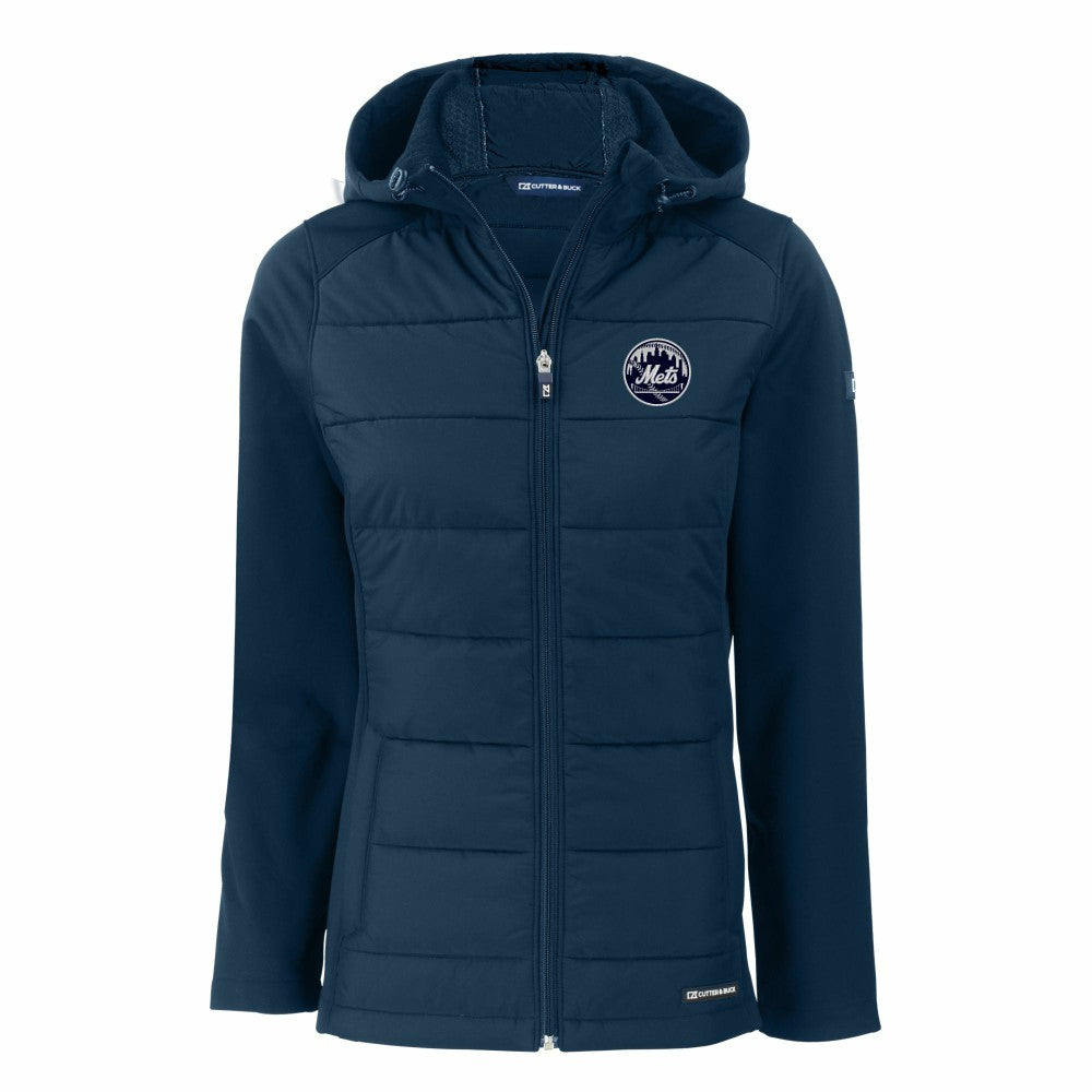 New York Mets Cutter & Buck Women's Evoke Hybrid Eco Softshell Recycled Full-Zip Hooded Jacket - Navy - MLB Lifestyle