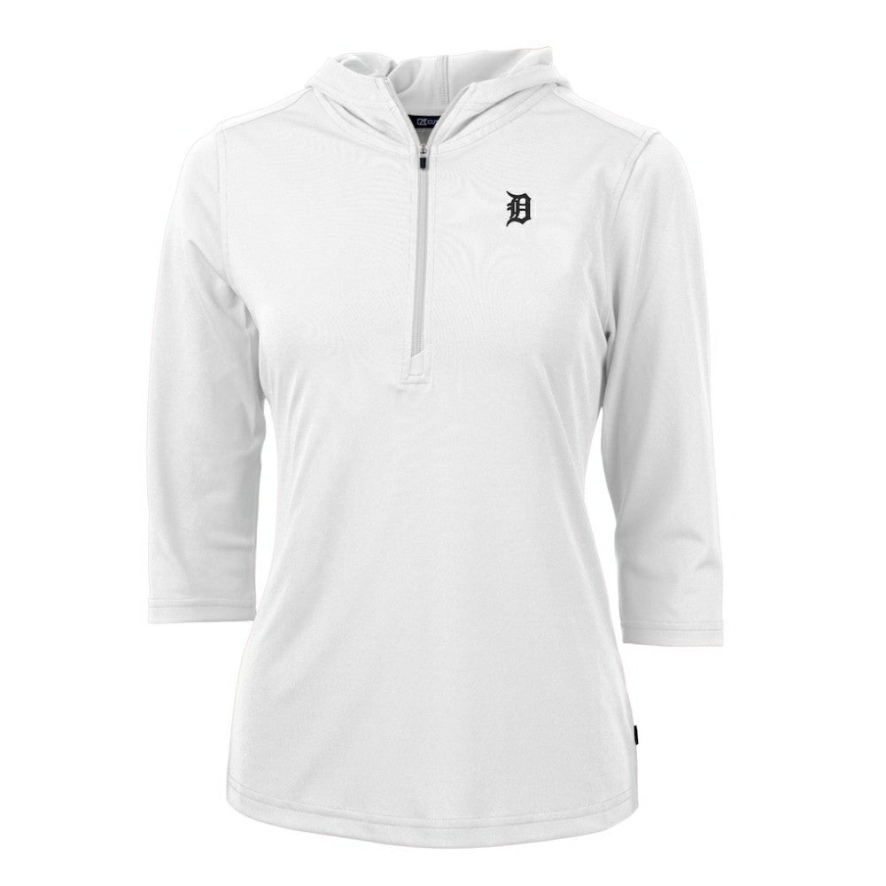 Detroit Tigers Cutter & Buck Women's Virtue Eco Pique Half-Zip 3/4 Sleeve Pullover Hoodie - White - MLB Sale