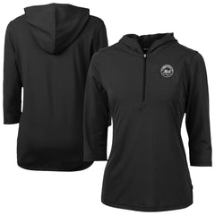 New York Mets Cutter & Buck Women's Virtue Eco Pique Half-Zip 3/4 Sleeve Pullover Hoodie - Black - MLB Lifestyle