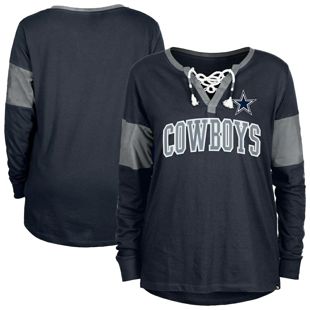 Dallas Cowboys New Era Women's Lace-Up Notch-Neck Long Sleeve T-Shirt Navy