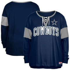 Dallas Cowboys New Era Women's Plus Size Lace-Up Notch Neck Long Sleeve T-Shirt  Navy