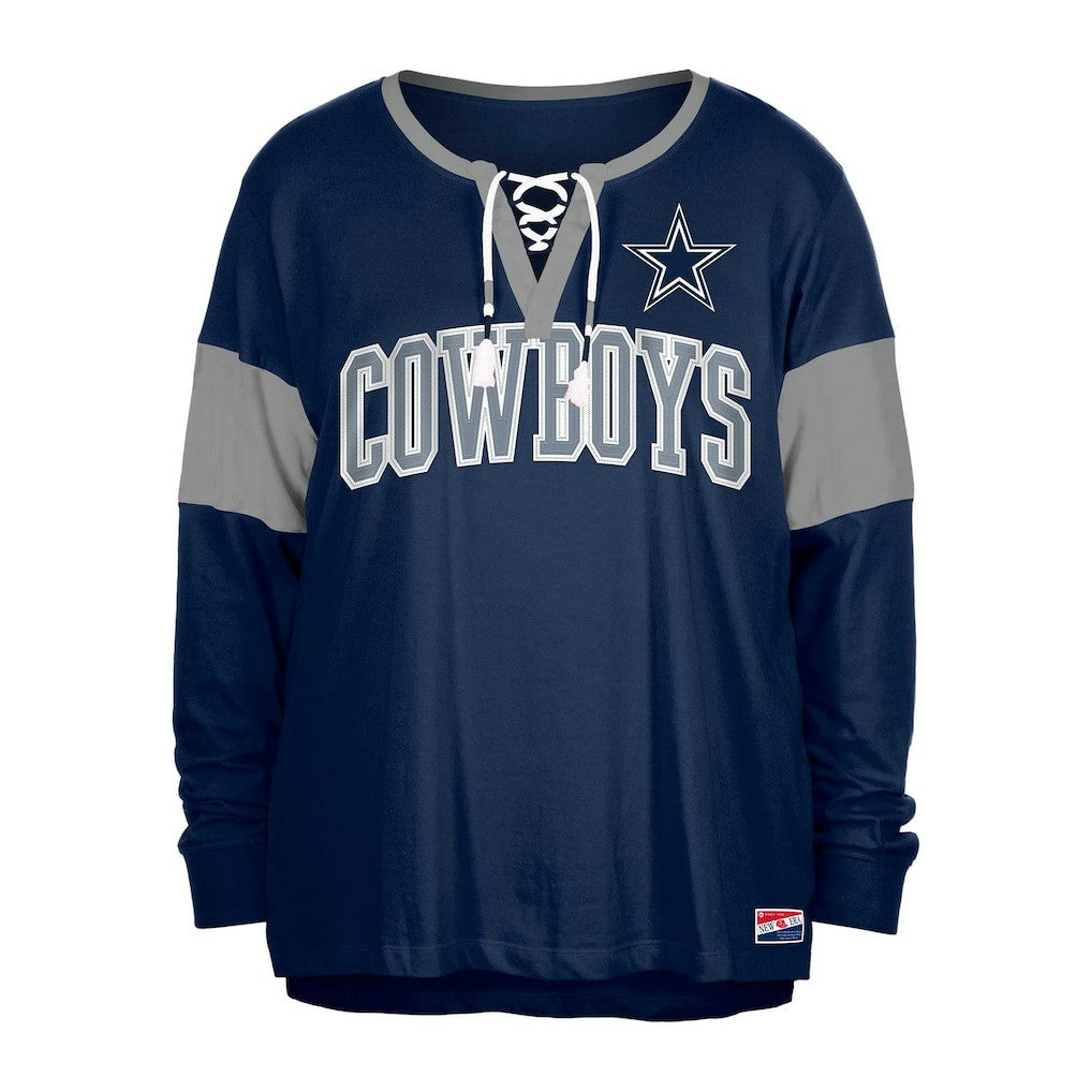 Dallas Cowboys New Era Women's Plus Size Lace-Up Notch Neck Long Sleeve T-Shirt  Navy