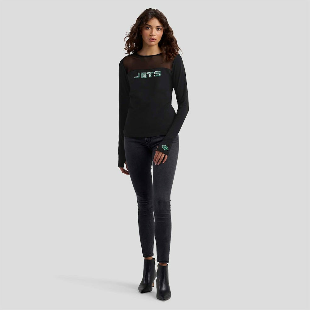 New York Jets WEAR by Erin Andrews x Gracie Hunt Women's Mesh Panel Long Sleeve T-Shirt Black