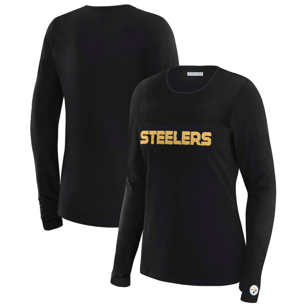 Pittsburgh Steelers WEAR by Erin Andrews x Gracie Hunt Women's Mesh Panel Long Sleeve T-Shirt Black