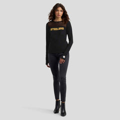 Pittsburgh Steelers WEAR by Erin Andrews x Gracie Hunt Women's Mesh Panel Long Sleeve T-Shirt Black