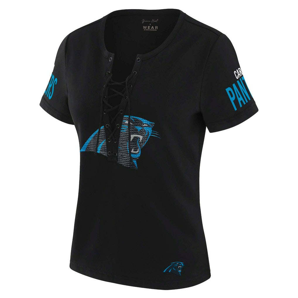 Carolina Panthers WEAR by Erin Andrews x Gracie Hunt Women's Draft Me Lace-Up T-Shirt Black