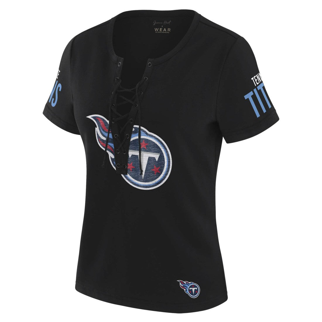 Tennessee Titans WEAR by Erin Andrews x Gracie Hunt Women's Draft Me Lace-Up T-Shirt Black