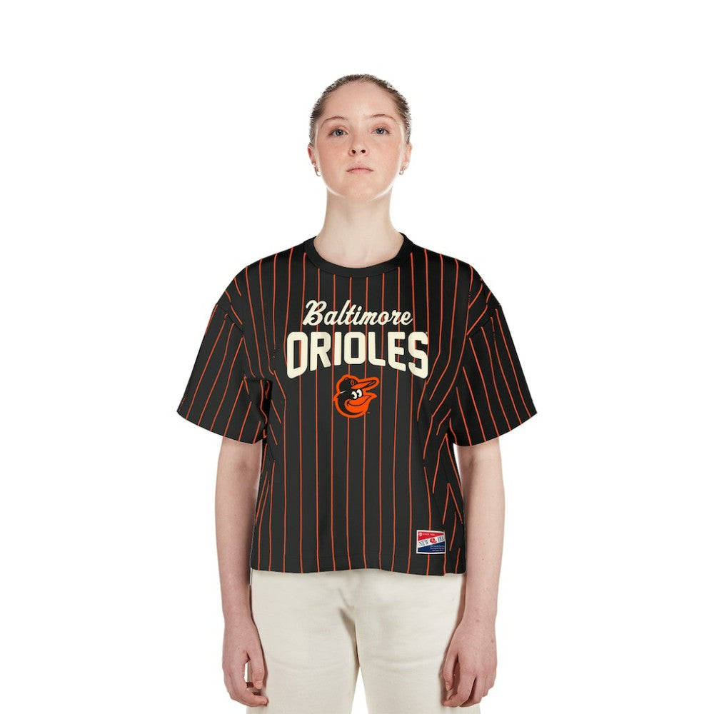Baltimore Orioles New Era Women's Cooperstown Collection Multiplier Pinstripe Cropped T-Shirt - Black - New Era Lifestyle