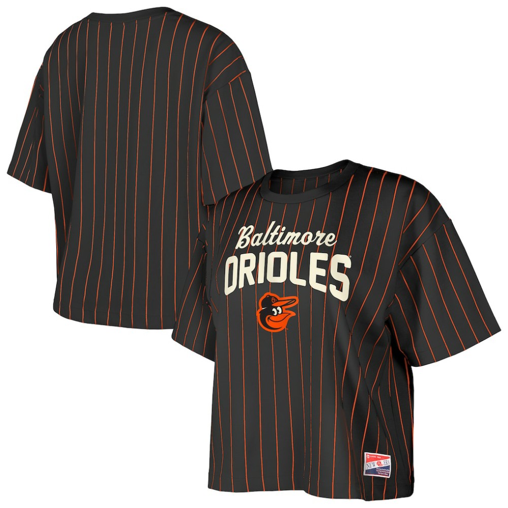 Baltimore Orioles New Era Women's Cooperstown Collection Multiplier Pinstripe Cropped T-Shirt - Black - New Era Lifestyle