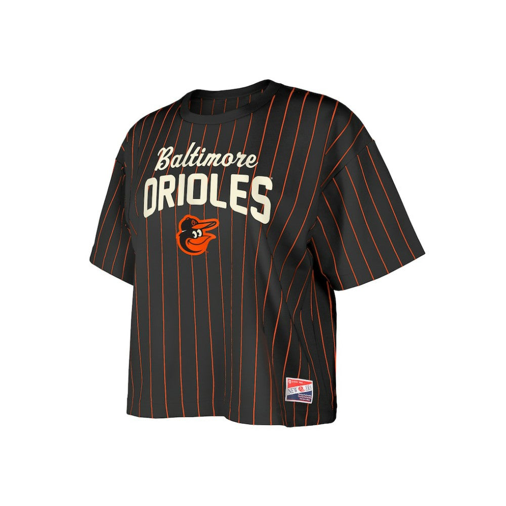 Baltimore Orioles New Era Women's Cooperstown Collection Multiplier Pinstripe Cropped T-Shirt - Black - New Era Lifestyle