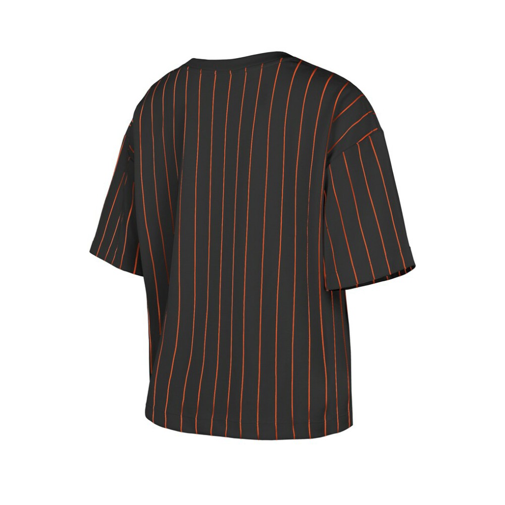 Baltimore Orioles New Era Women's Cooperstown Collection Multiplier Pinstripe Cropped T-Shirt - Black - New Era Lifestyle