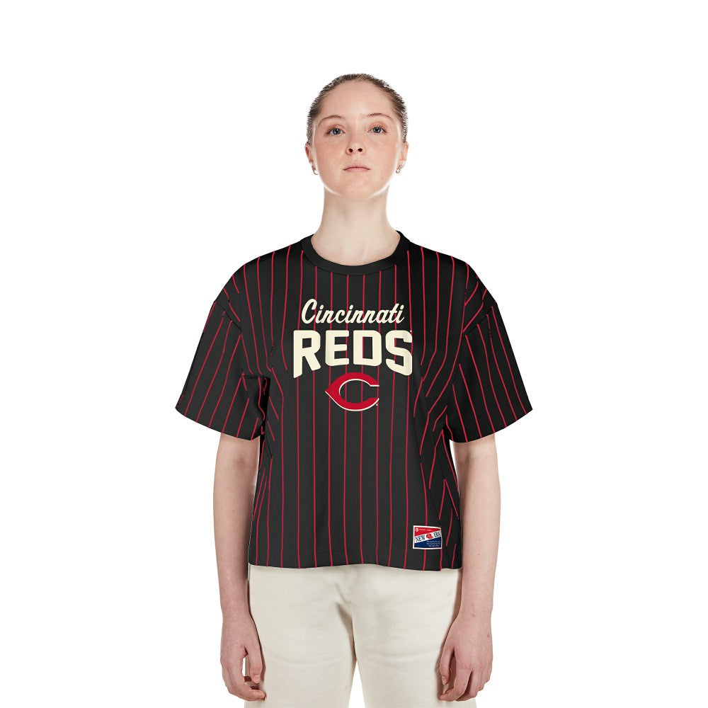 Cincinnati Reds New Era Women's Cooperstown Collection Multiplier Pinstripe Cropped T-Shirt - Black - New Era Online