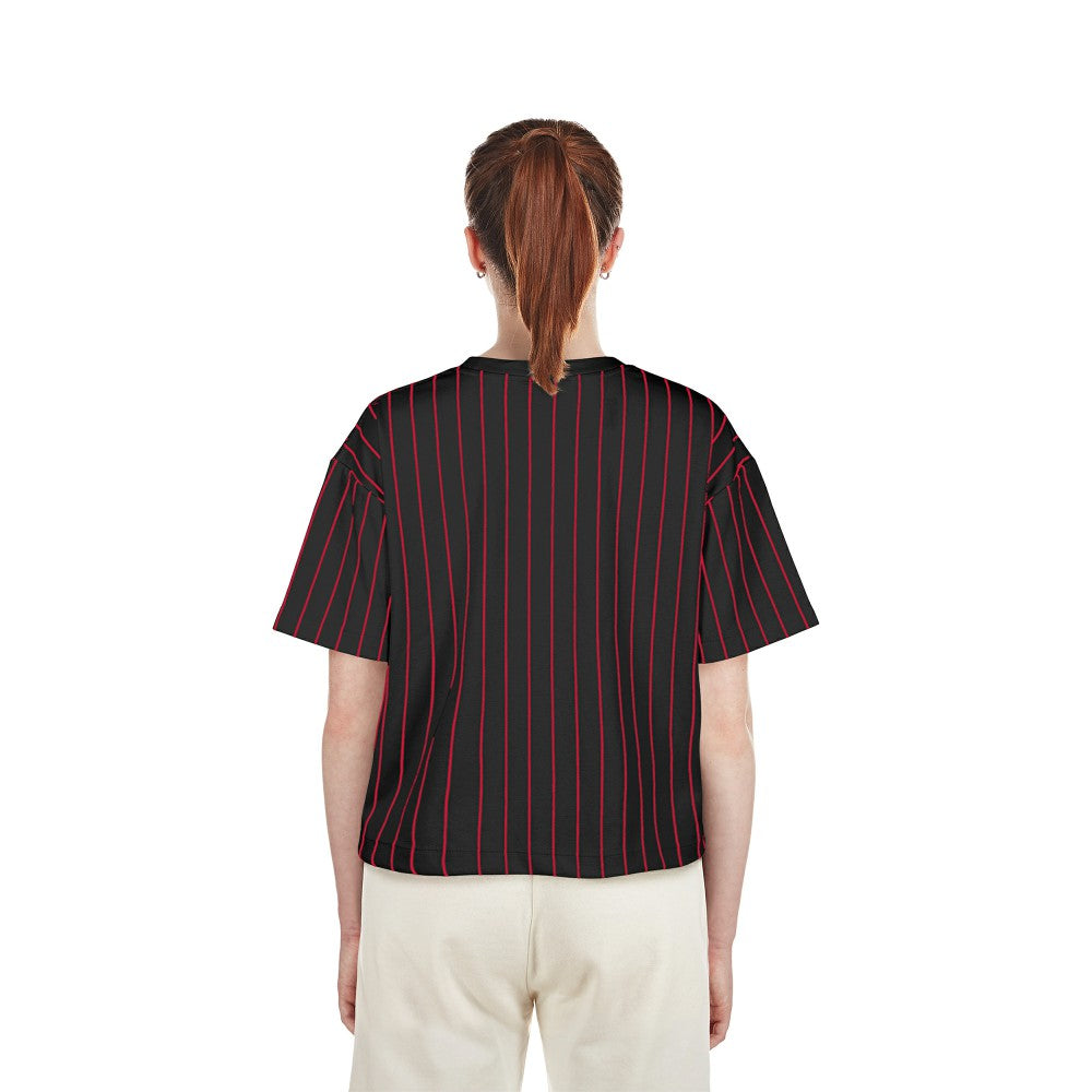 Cincinnati Reds New Era Women's Cooperstown Collection Multiplier Pinstripe Cropped T-Shirt - Black - New Era Online