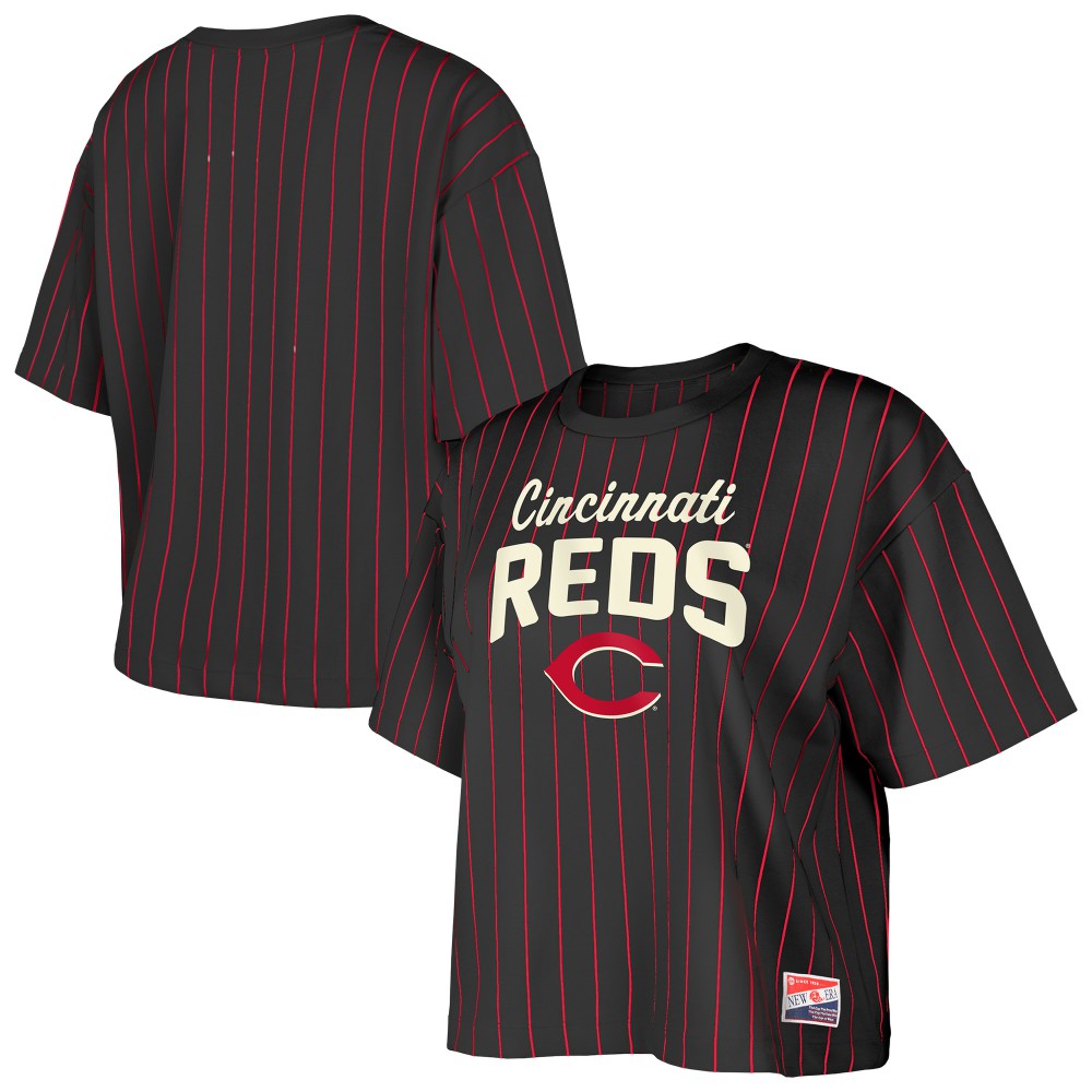 Cincinnati Reds New Era Women's Cooperstown Collection Multiplier Pinstripe Cropped T-Shirt - Black - New Era Online