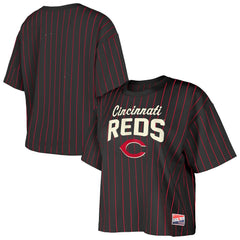 Cincinnati Reds New Era Women's Cooperstown Collection Multiplier Pinstripe Cropped T-Shirt - Black - New Era Online