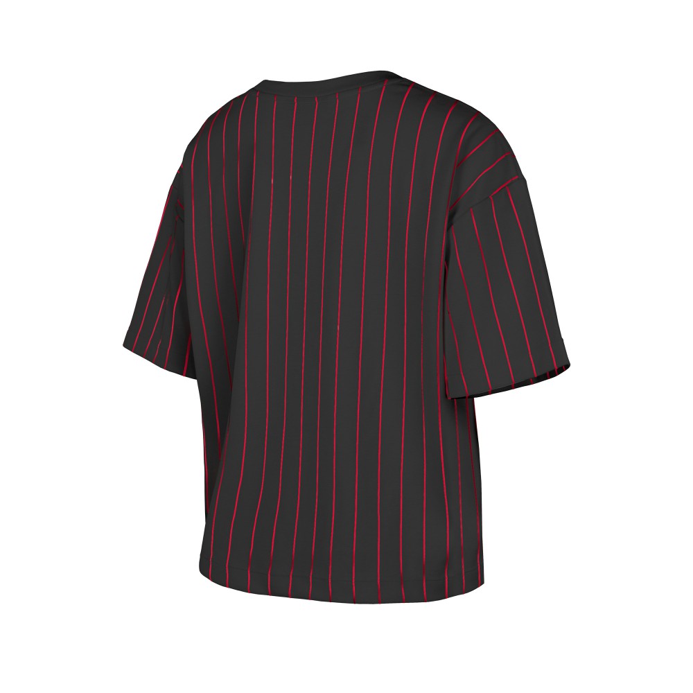Cincinnati Reds New Era Women's Cooperstown Collection Multiplier Pinstripe Cropped T-Shirt - Black - New Era Online