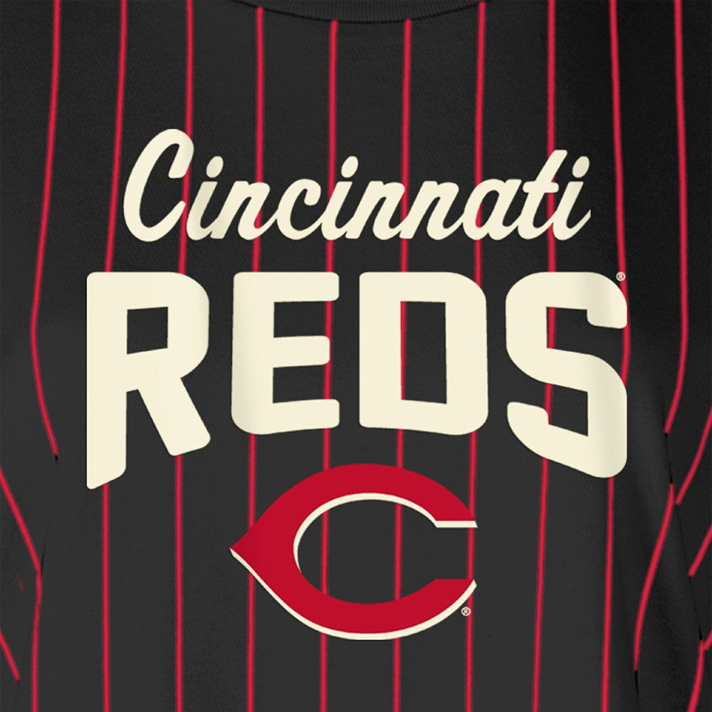 Cincinnati Reds New Era Women's Cooperstown Collection Multiplier Pinstripe Cropped T-Shirt - Black - New Era Online