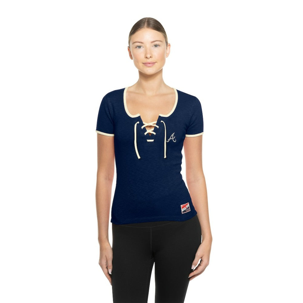 Atlanta Braves New Era Women's Throwback Lace Up T-Shirt - Navy - New Era Discount
