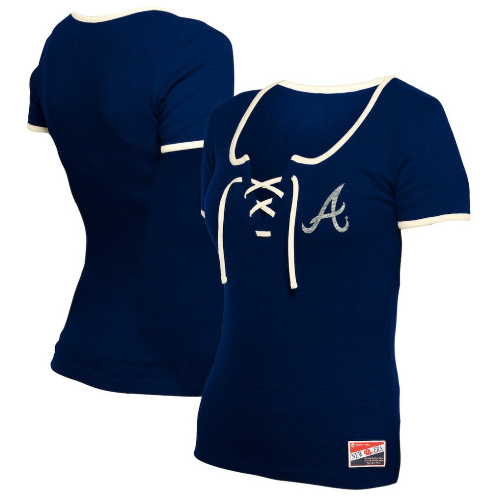 Atlanta Braves New Era Women's Throwback Lace Up T-Shirt - Navy - New Era Discount