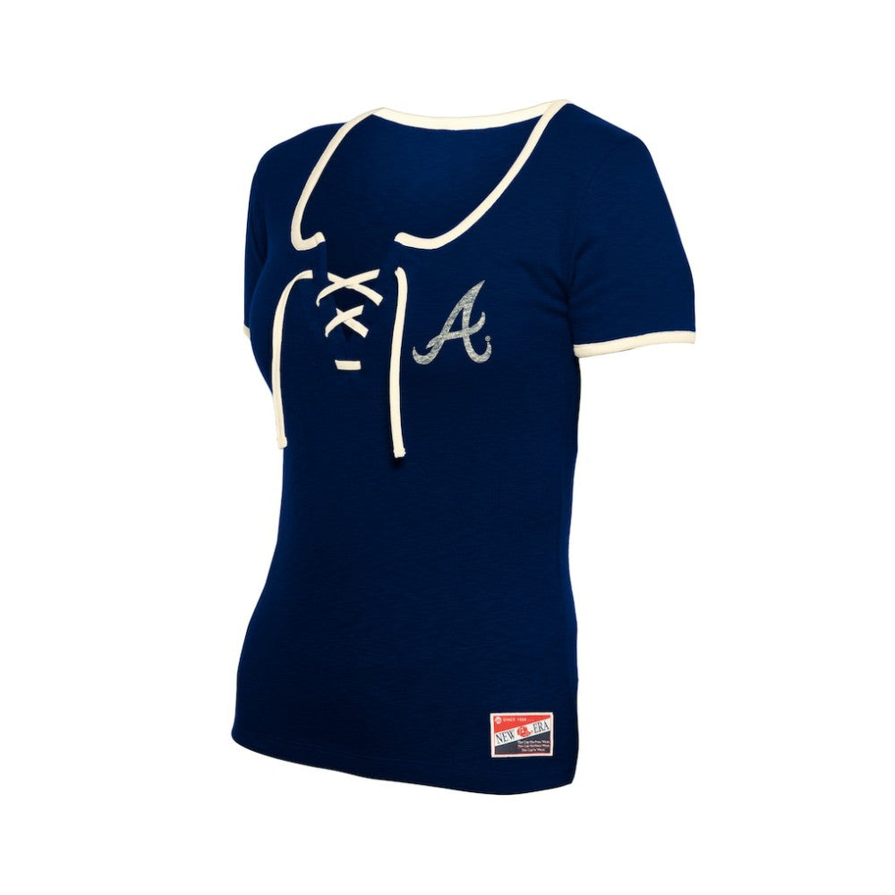 Atlanta Braves New Era Women's Throwback Lace Up T-Shirt - Navy - New Era Discount