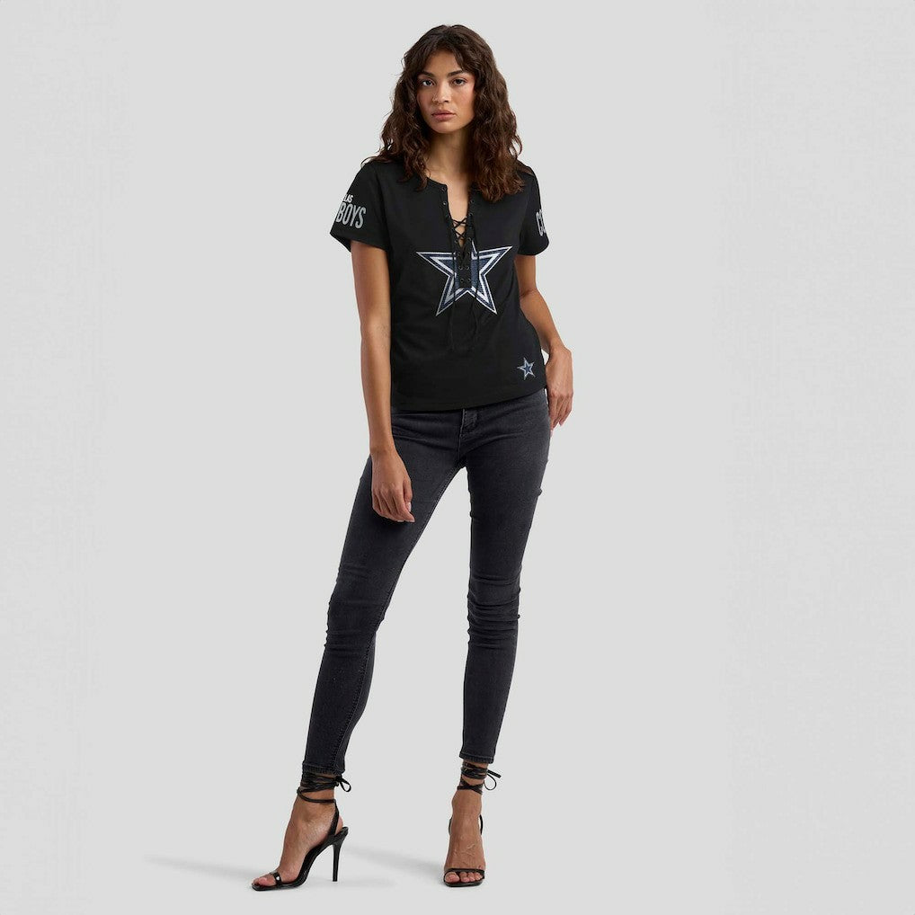Dallas Cowboys WEAR by Erin Andrews x Gracie Hunt Women's Draft Me Lace-Up T-Shirt Black