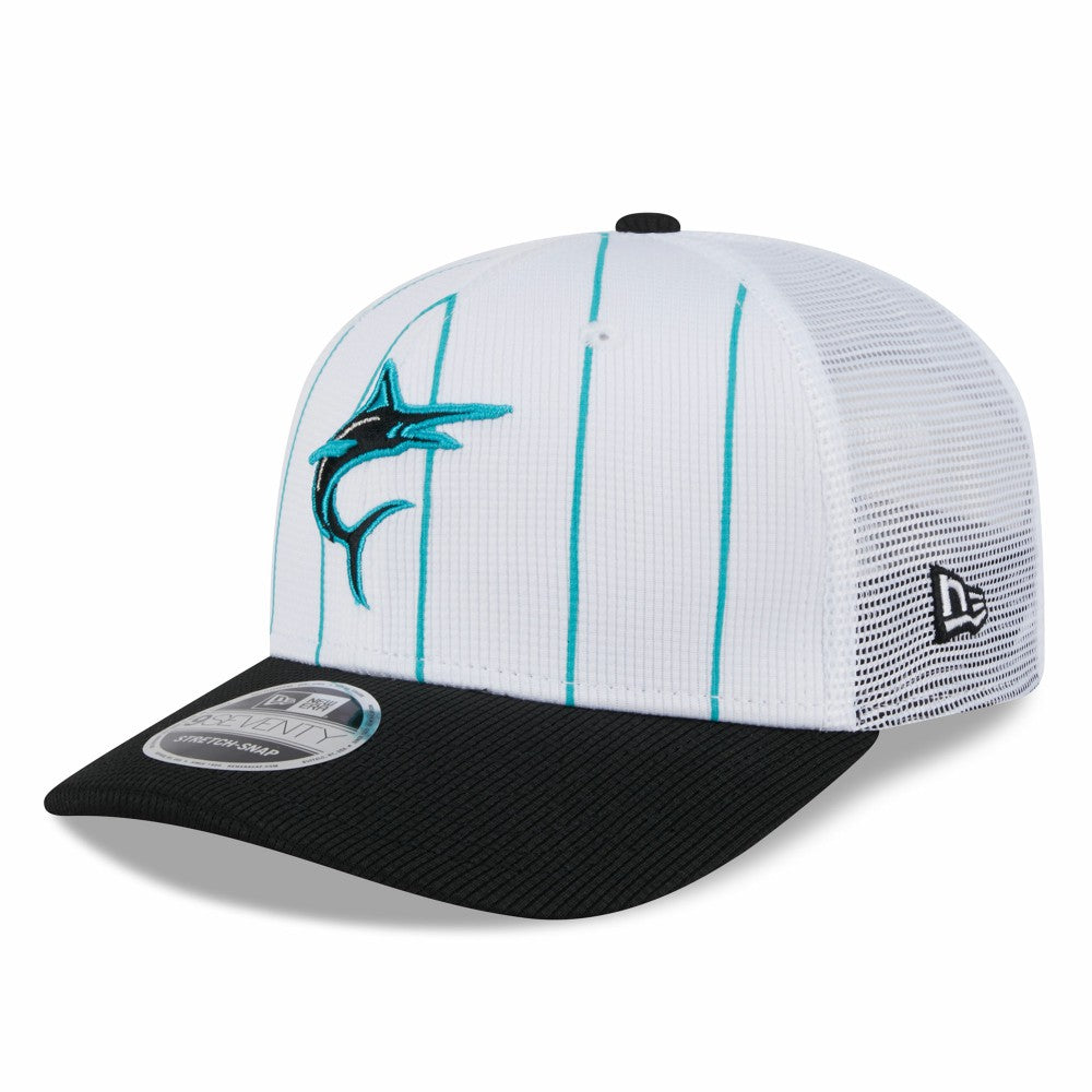 Miami Marlins New Era 2025 Batting Practice 9SEVENTY Stretch-Snap Trucker Hat - White/Black - New Era on Sale