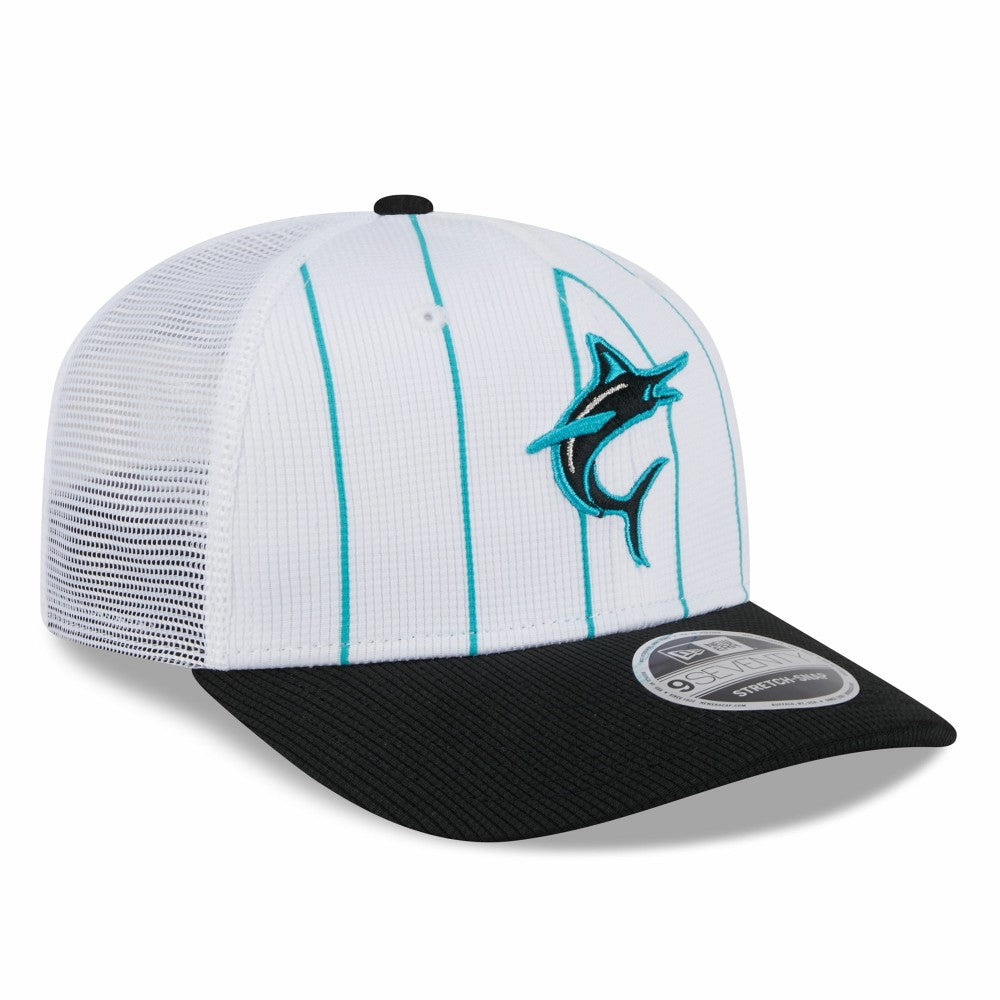 Miami Marlins New Era 2025 Batting Practice 9SEVENTY Stretch-Snap Trucker Hat - White/Black - New Era on Sale