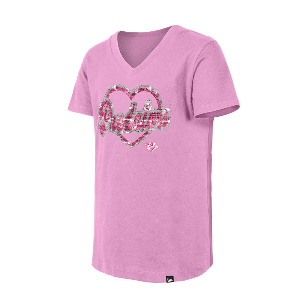 Nashville Predators New Era Girl's Youth Flip Sequin V-Neck T-Shirt - Pink - NHL 201889026