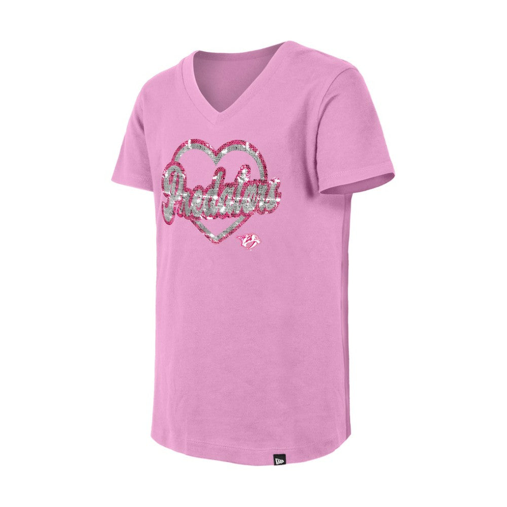 Nashville Predators New Era Girl's Youth Flip Sequin V-Neck T-Shirt - Pink - NHL 201889026