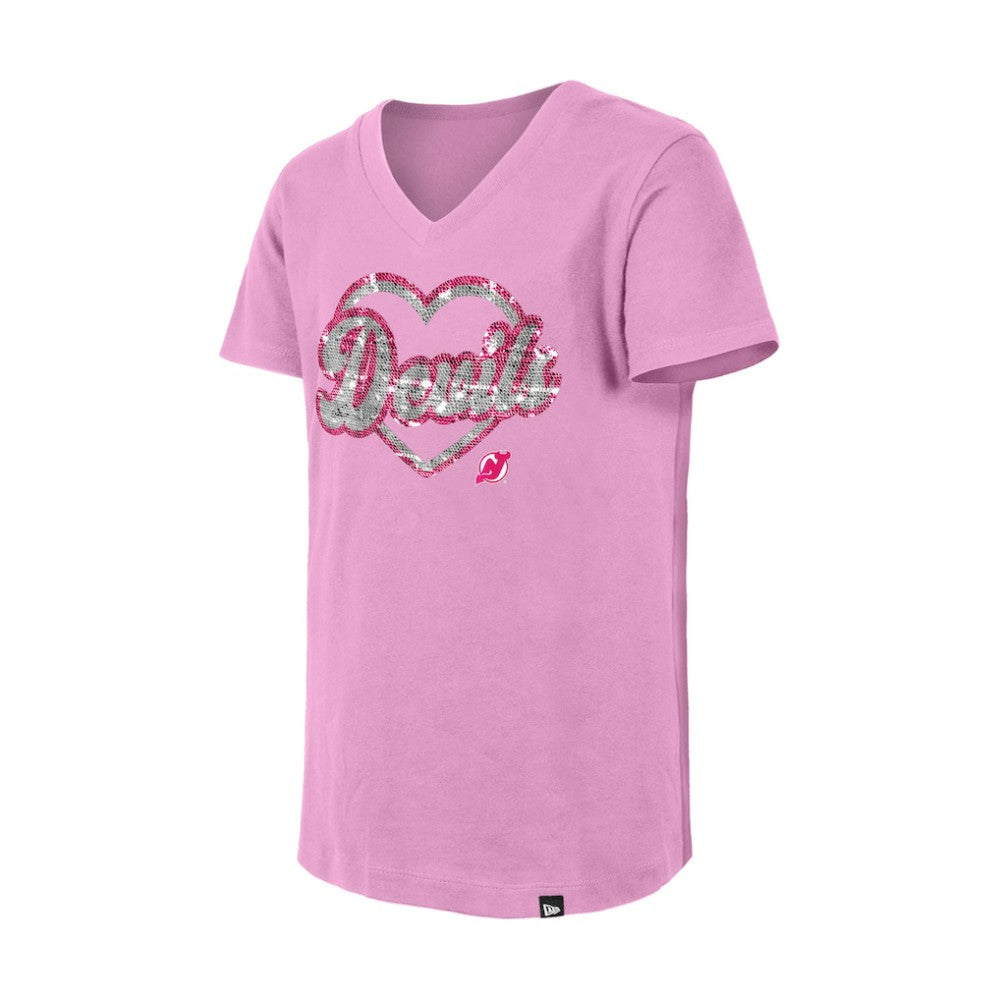 New Jersey Devils New Era Girl's Youth Flip Sequin V-Neck T-Shirt - Pink - NHL 201889027