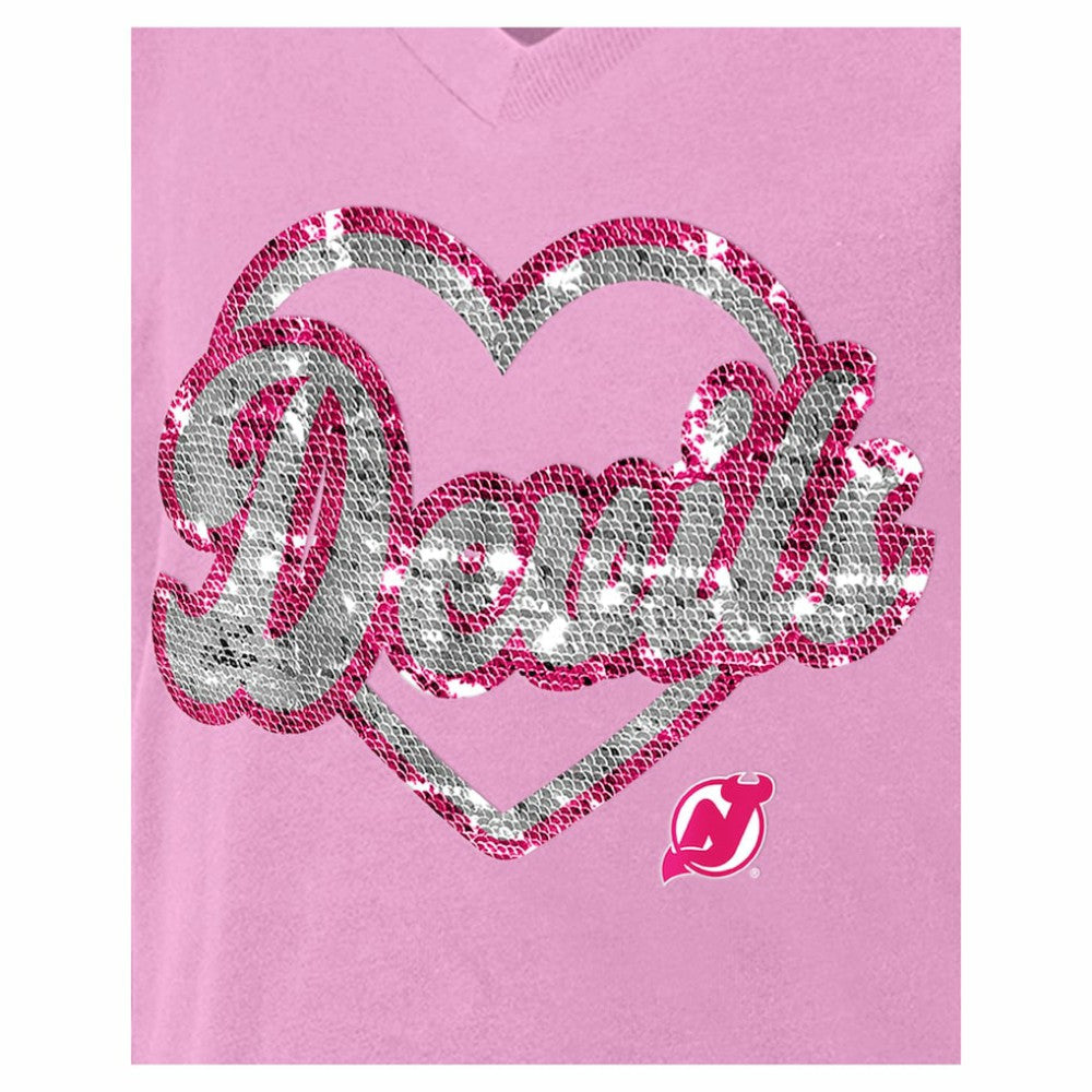 New Jersey Devils New Era Girl's Youth Flip Sequin V-Neck T-Shirt - Pink - NHL 201889027