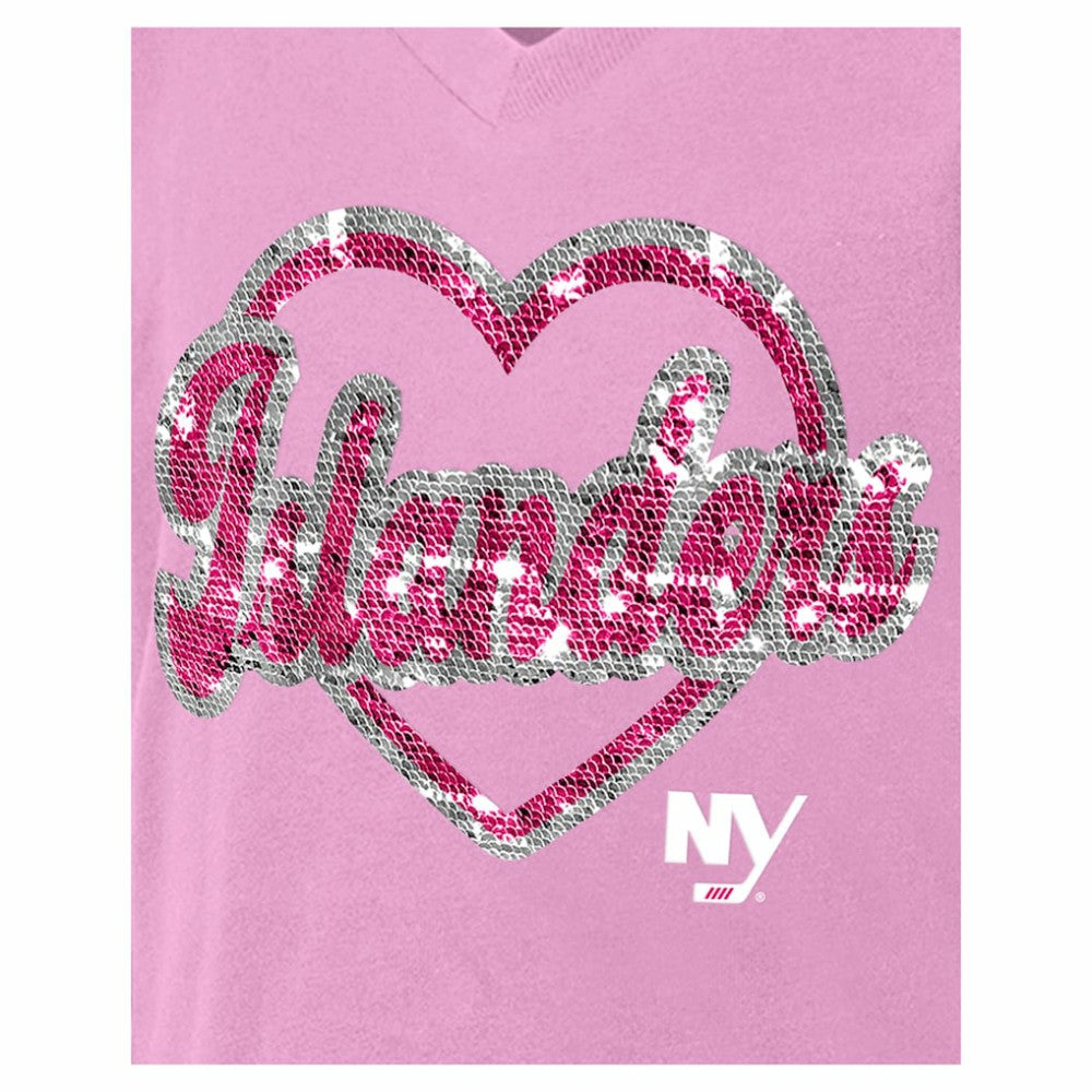 New York Islanders New Era Girl's Youth Flip Sequin V-Neck T-Shirt - Pink - NHL 201889028