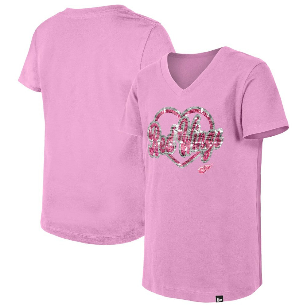 Detroit Red Wings New Era Girl's Youth Flip Sequin V-Neck T-Shirt - Pink - NHL 201889030