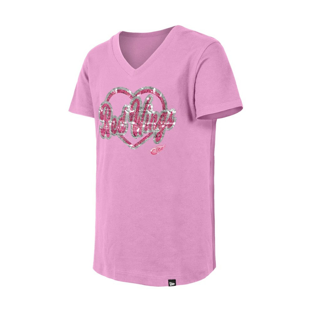Detroit Red Wings New Era Girl's Youth Flip Sequin V-Neck T-Shirt - Pink - NHL 201889030
