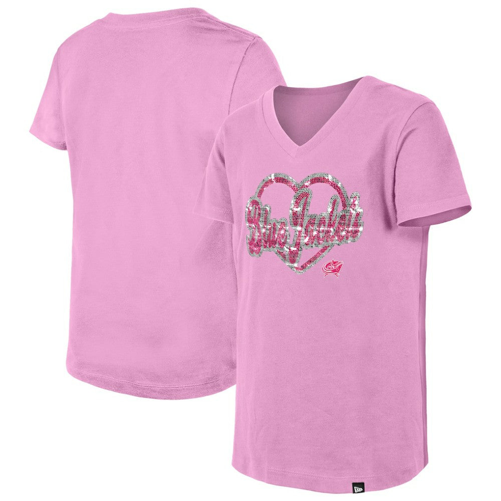 Columbus Blue Jackets New Era Girl's Youth Flip Sequin V-Neck T-Shirt - Pink - NHL 201889036