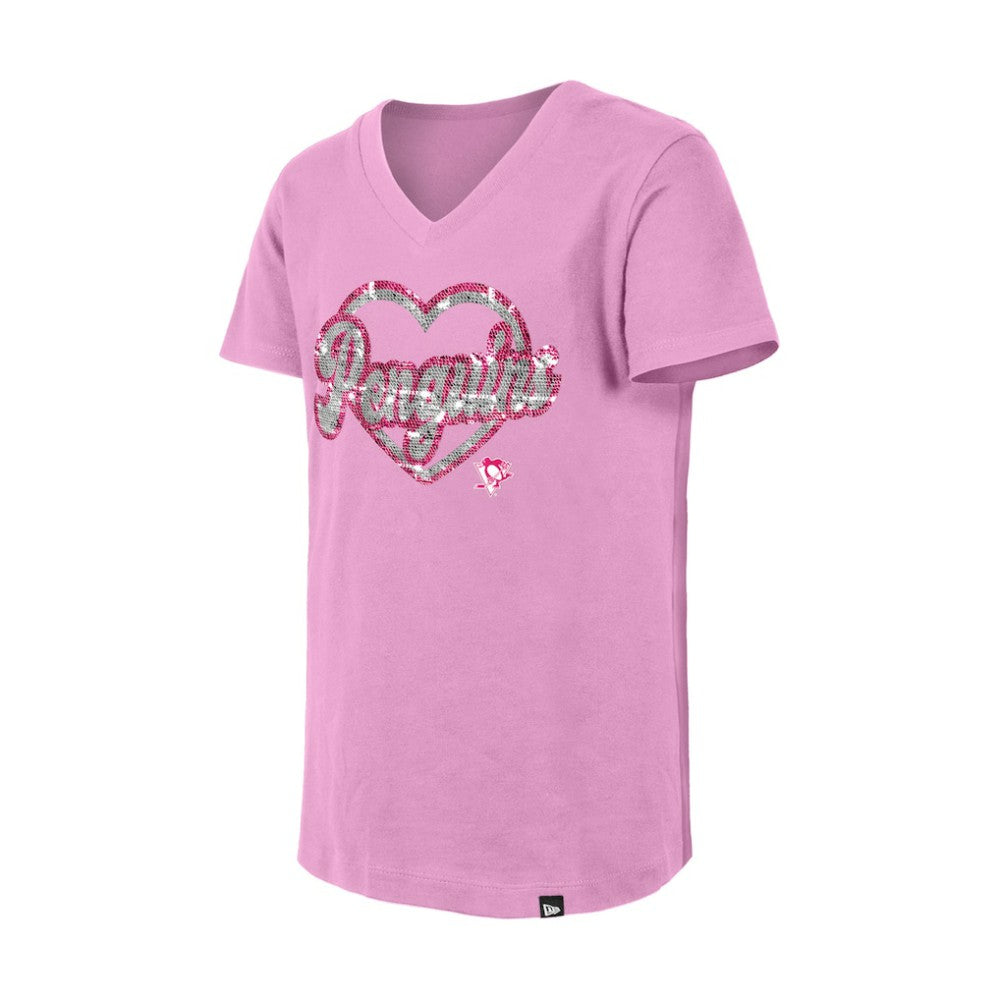 Pittsburgh Penguins New Era Girl's Youth Flip Sequin V-Neck T-Shirt - Pink - NHL 201889037