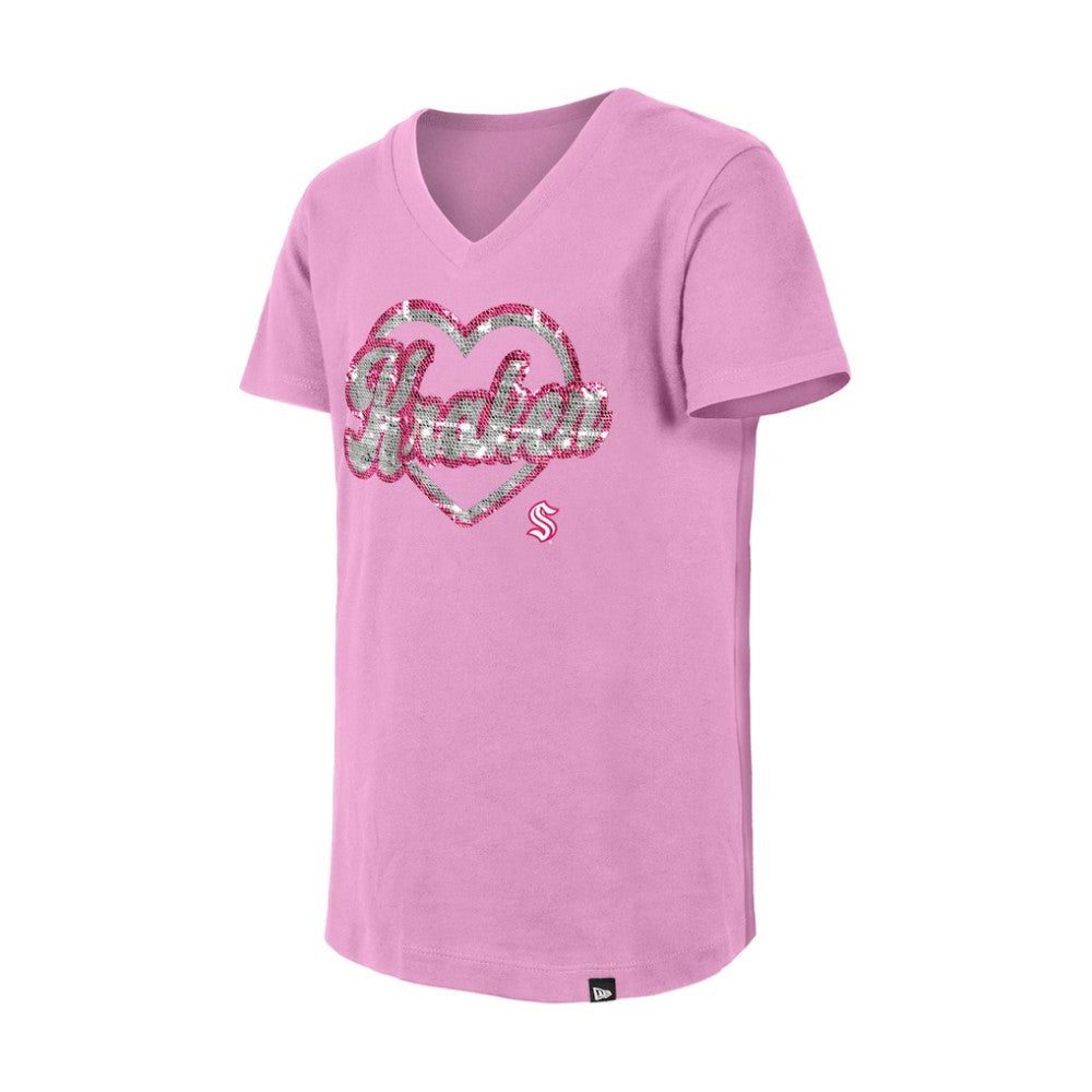 Seattle Kraken New Era Girl's Youth Flip Sequin V-Neck T-Shirt - Pink - NHL 201889044