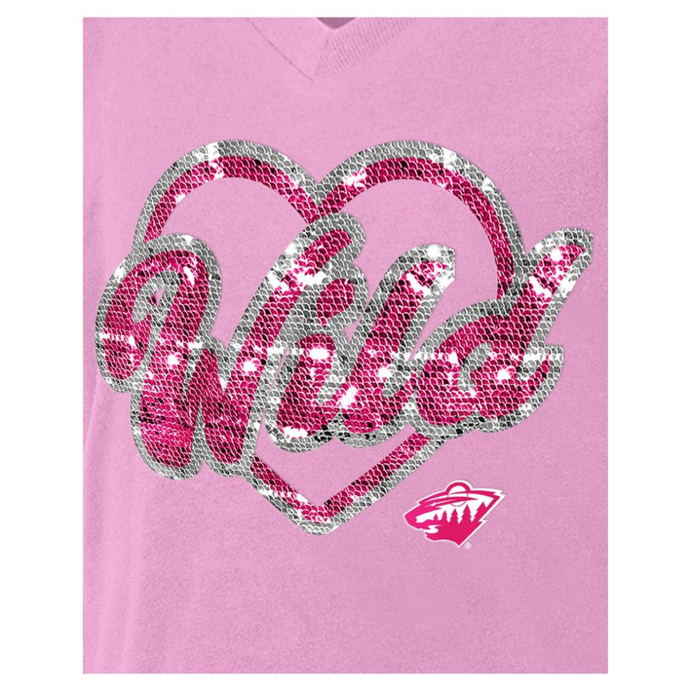 Minnesota Wild New Era Girl's Youth Flip Sequin V-Neck T-Shirt - Pink - NHL 201889048