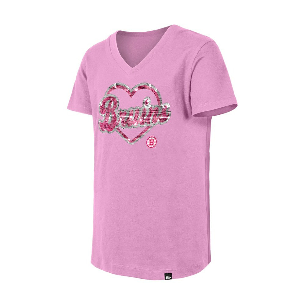 Boston Bruins New Era Girl's Youth Flip Sequin V-Neck T-Shirt - Pink - NHL 201889051