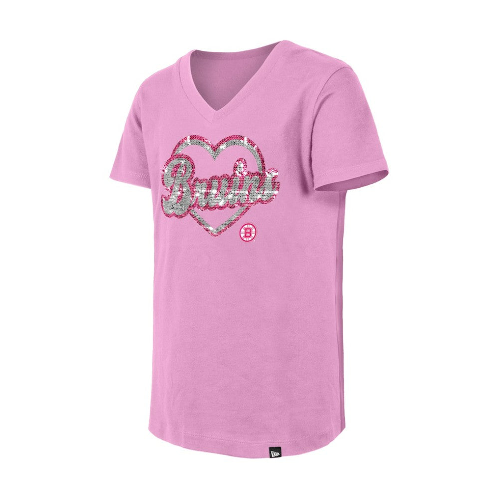 Boston Bruins New Era Girl's Youth Flip Sequin V-Neck T-Shirt - Pink - NHL 201889051