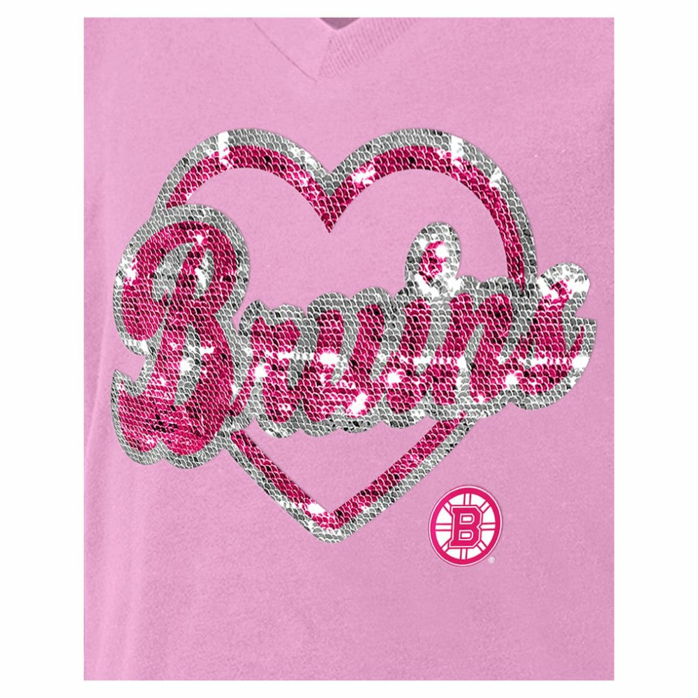 Boston Bruins New Era Girl's Youth Flip Sequin V-Neck T-Shirt - Pink - NHL 201889051